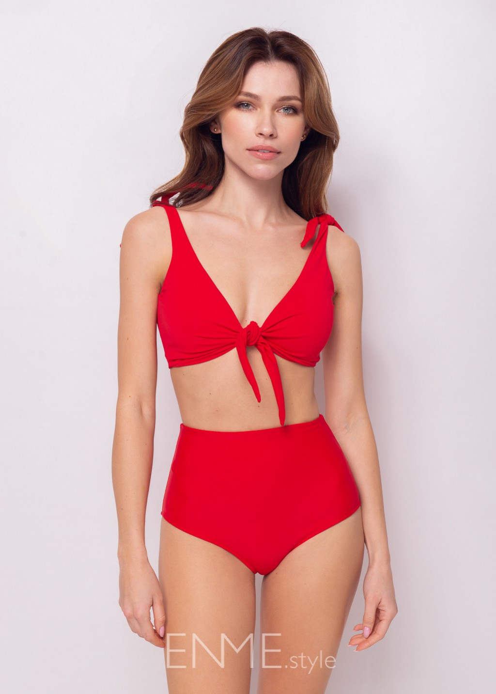 Red Front Tie Bralette Top And High Waist Bikini