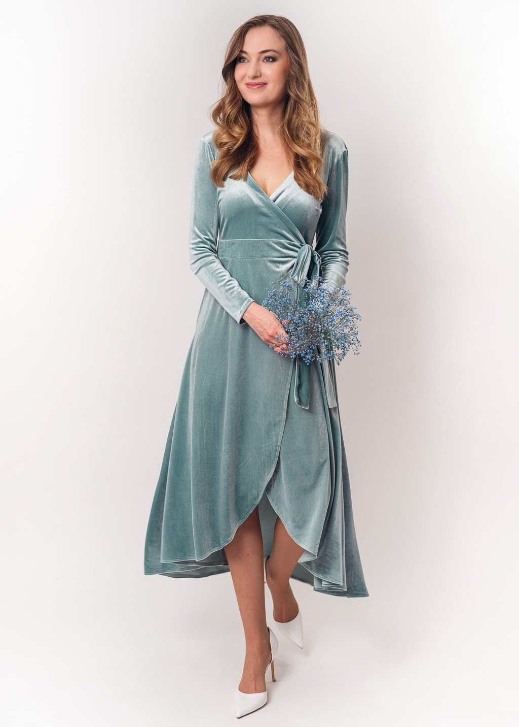 Dusty blue midi wrap dress