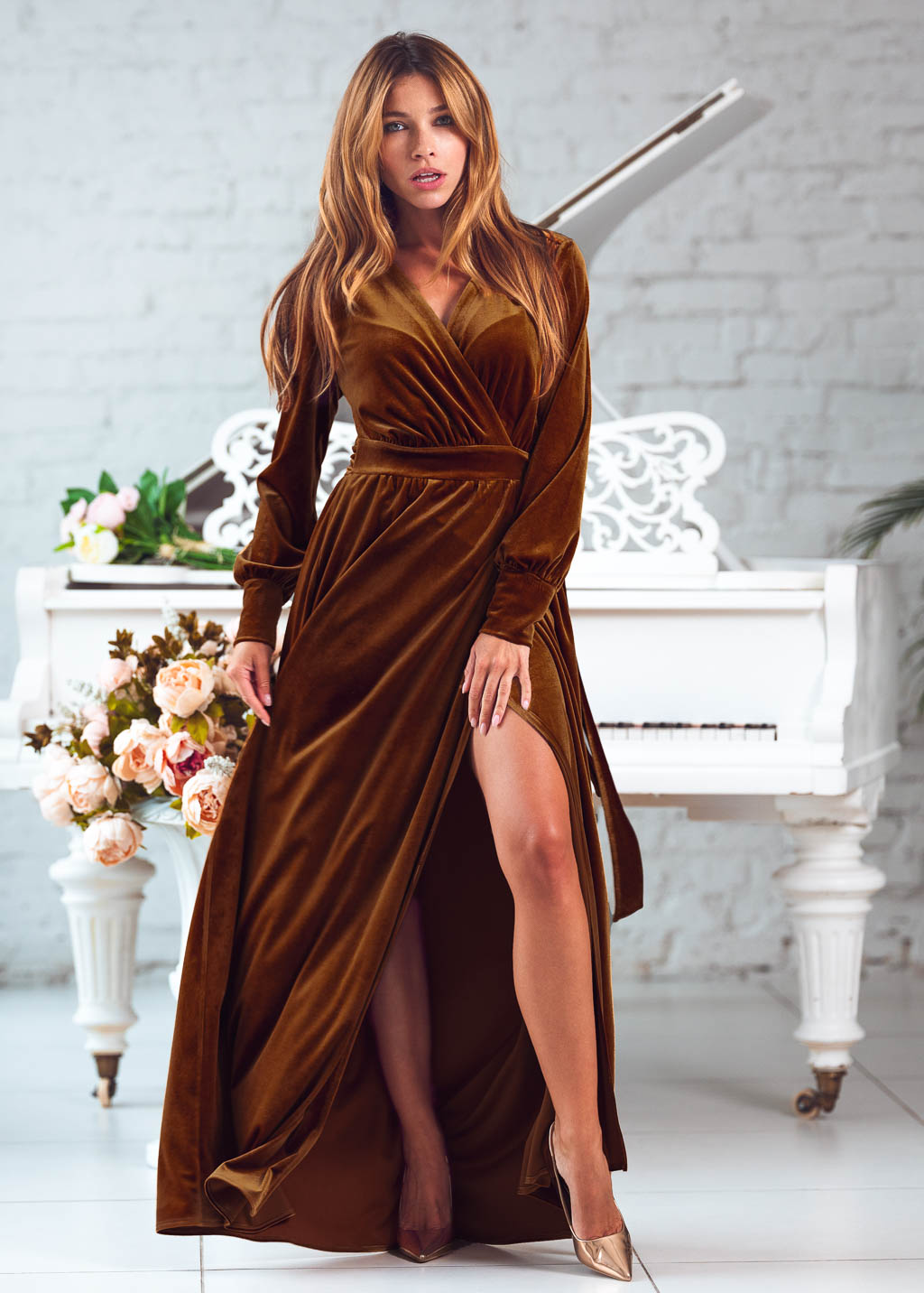 Rust gold long wrap velvet robe