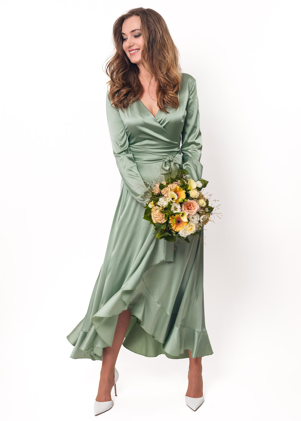 Sage green long wrap silk dress