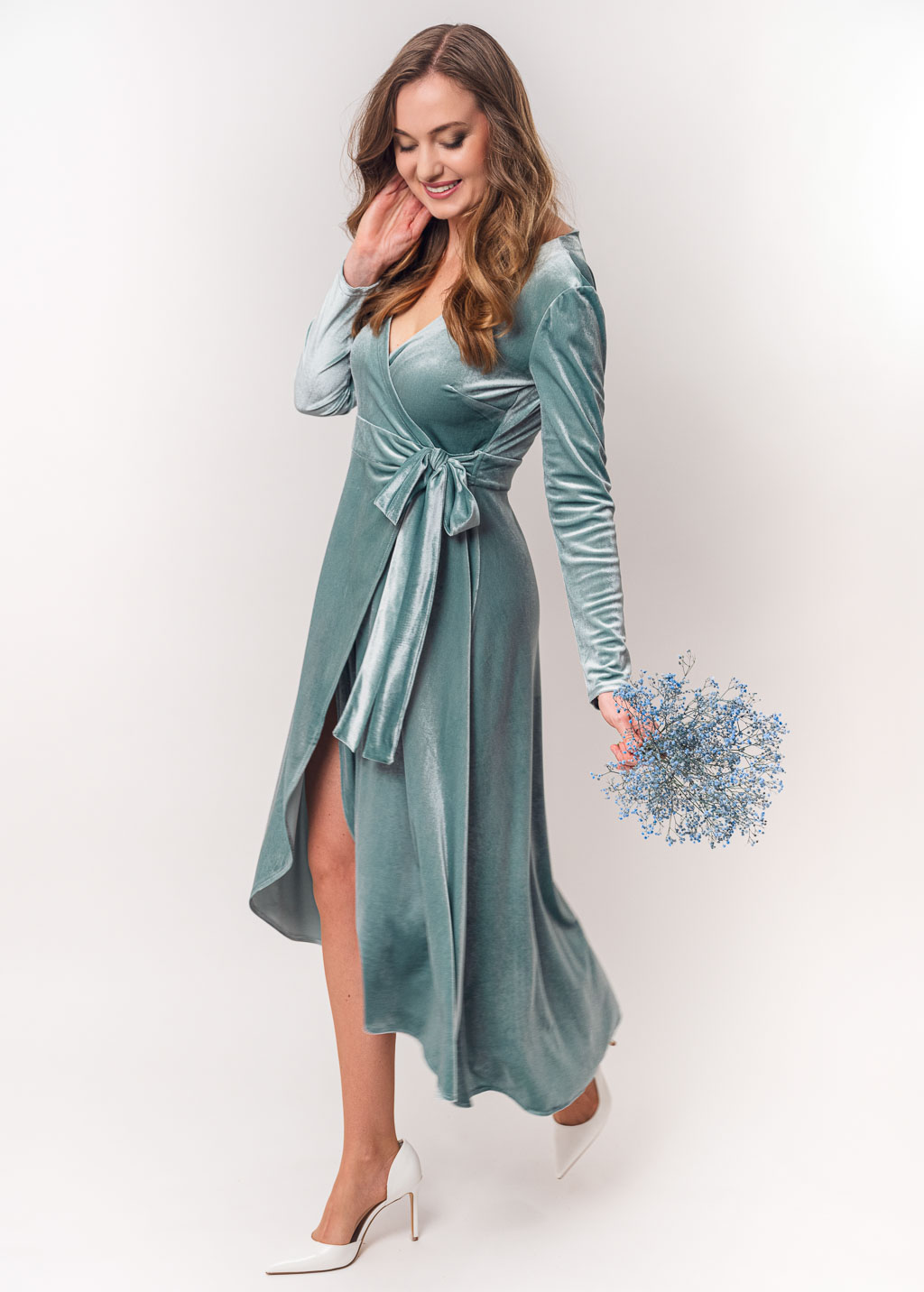 Dusty blue midi wrap dress