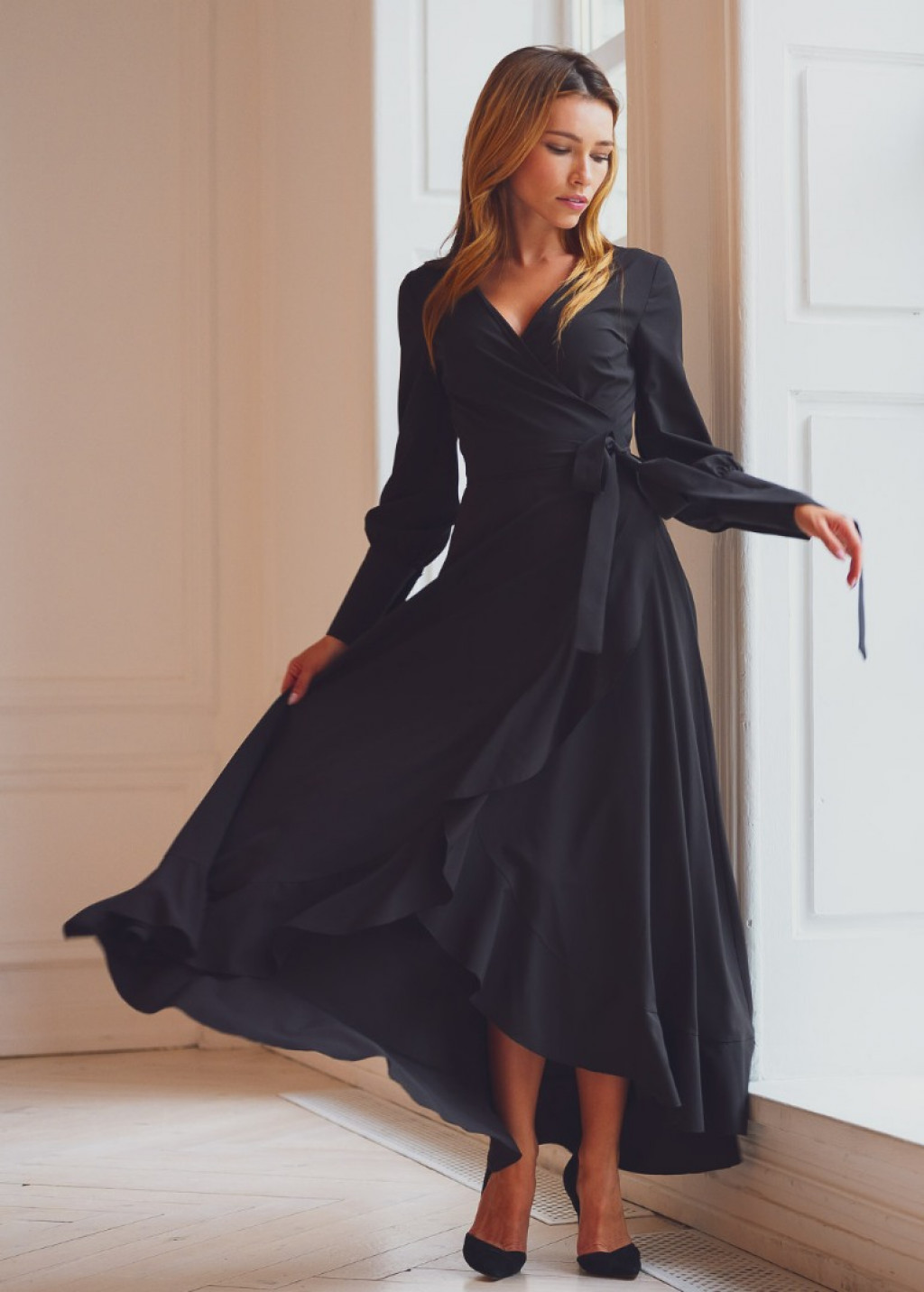 Black long wrap dress