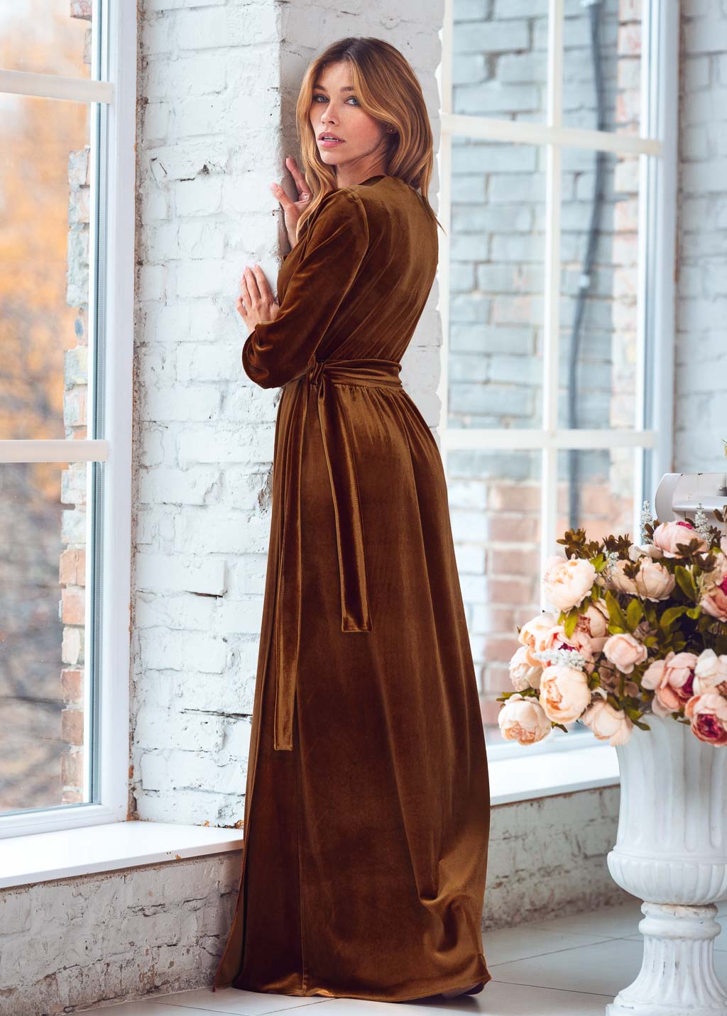 Rust gold long wrap velvet robe