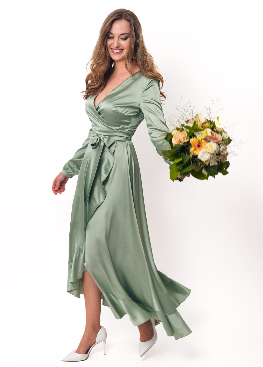 Sage green long wrap silk dress