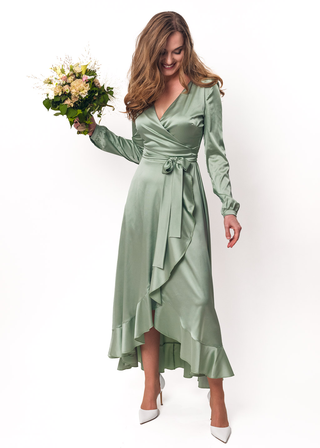 Sage green long wrap silk dress