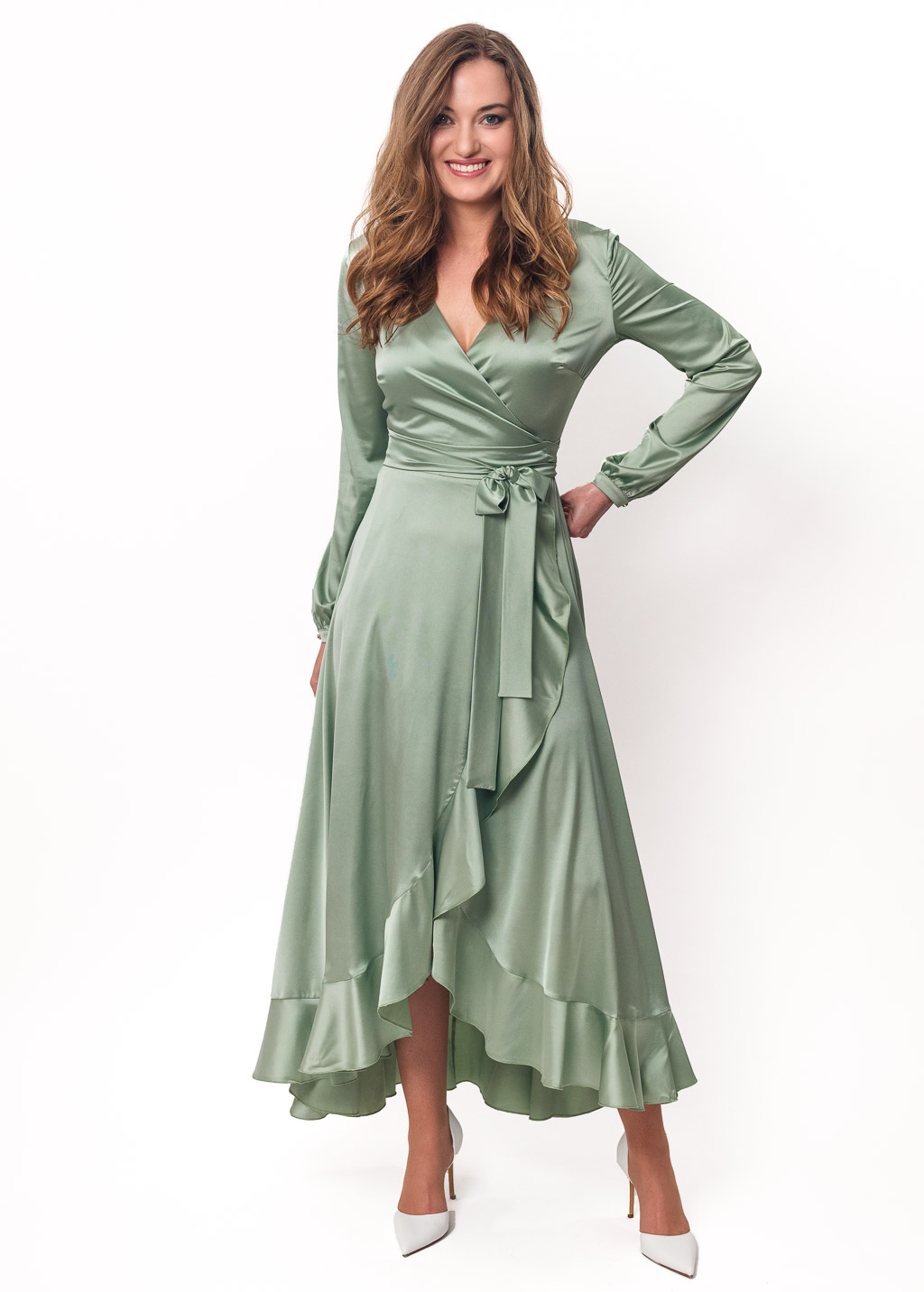 Sage green long wrap silk dress