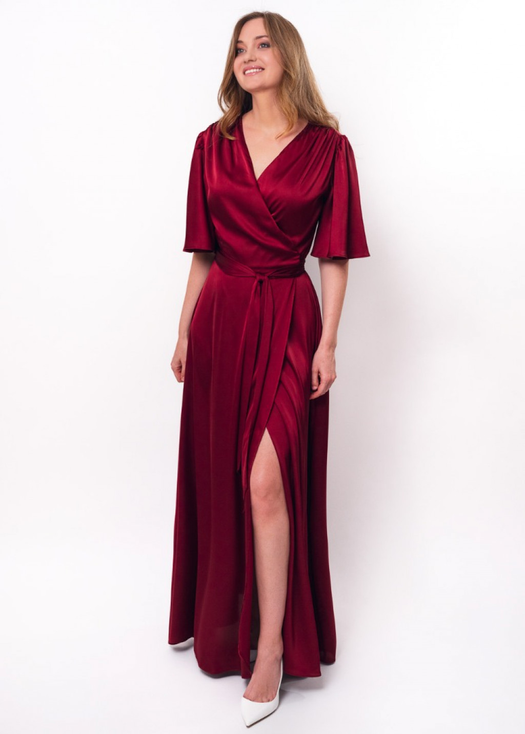 Dark burgundy wrap silk dress