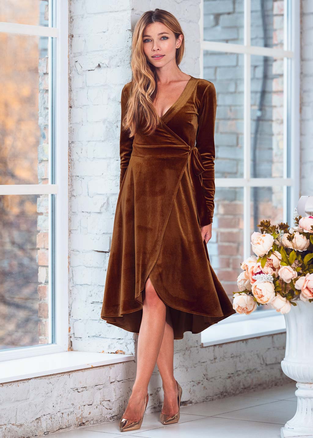 Rust gold wrap velvet dress