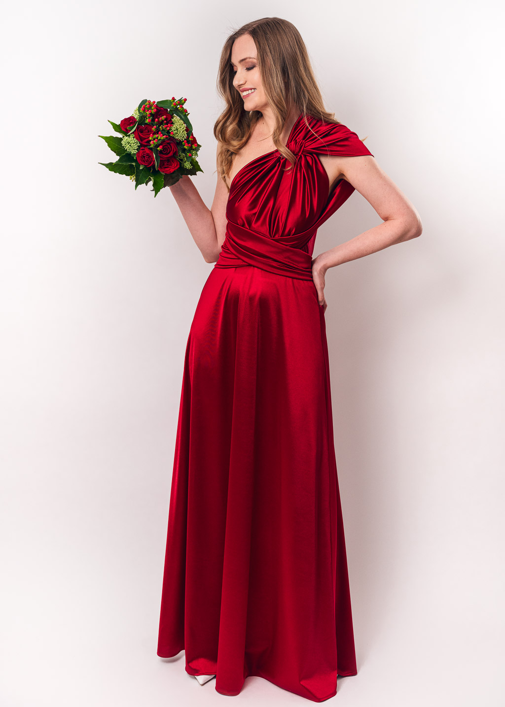 Red burgundy luxury satin infinity dress or jumpsuit