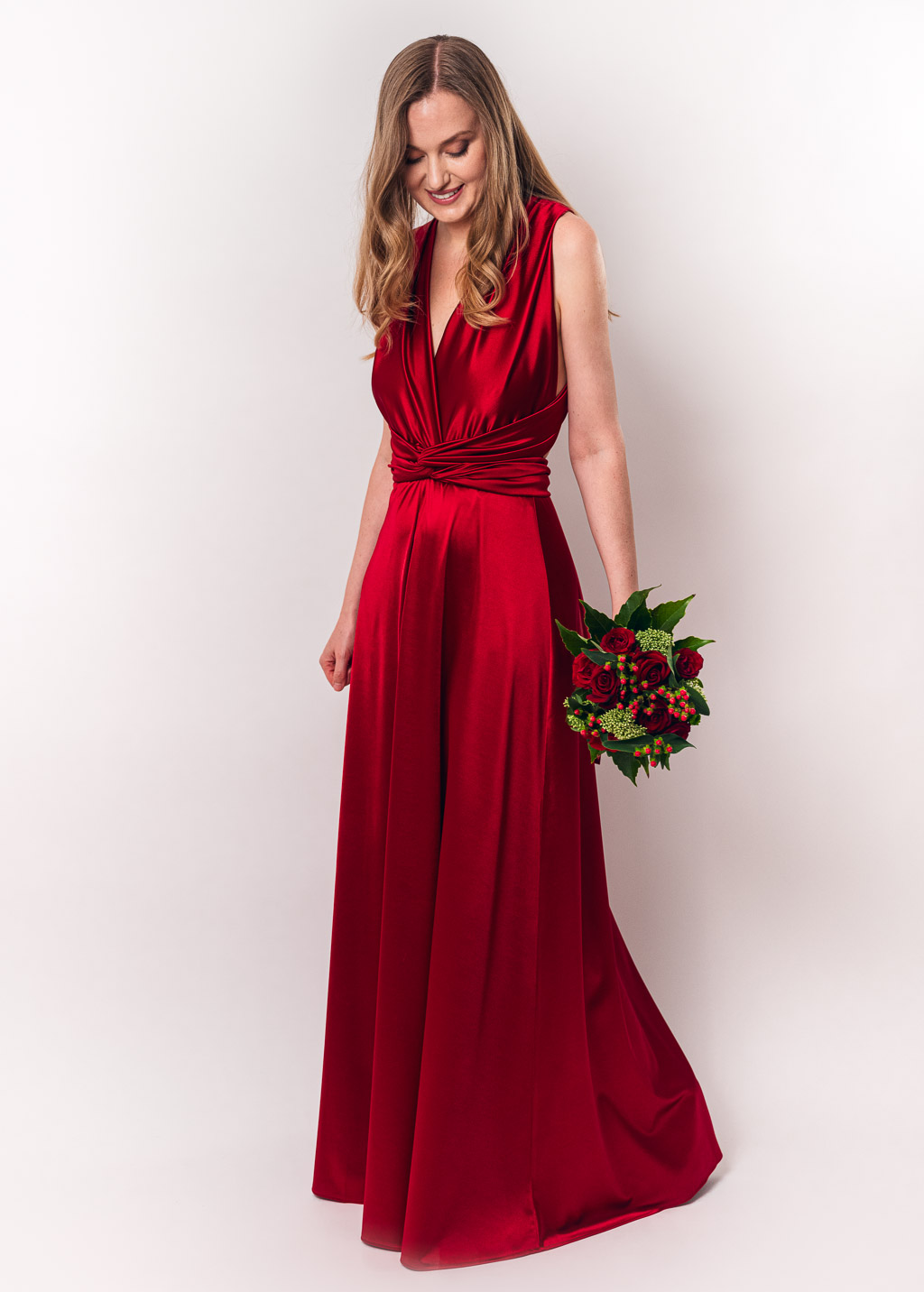 Red burgundy luxury satin infinity dress or jumpsuit