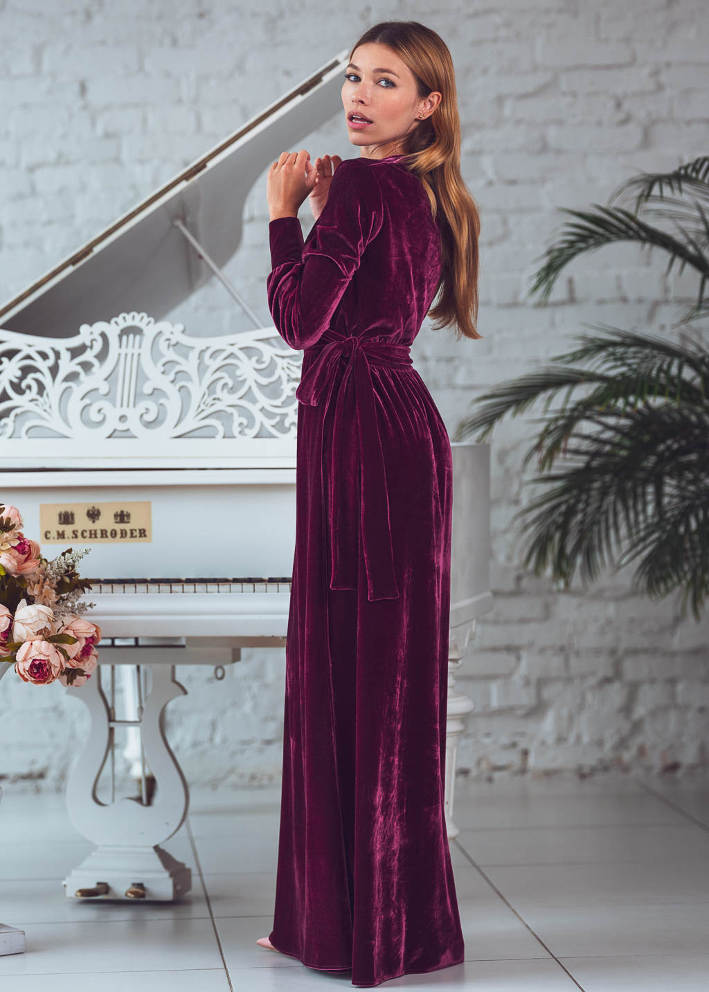 Plum burgundy long wrap velvet robe