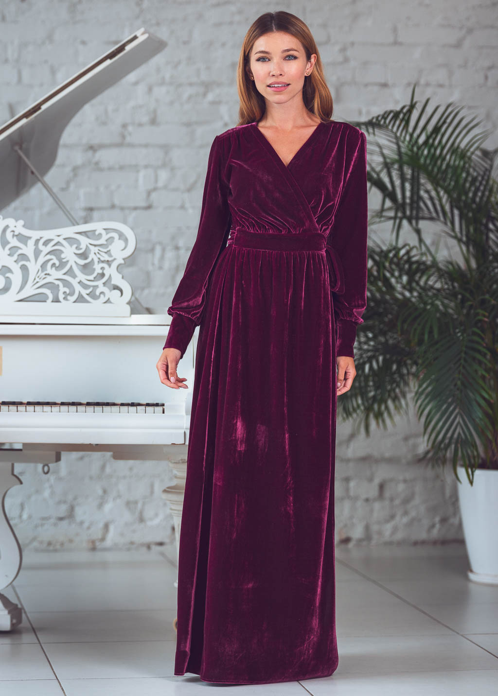 Plum burgundy long wrap velvet robe