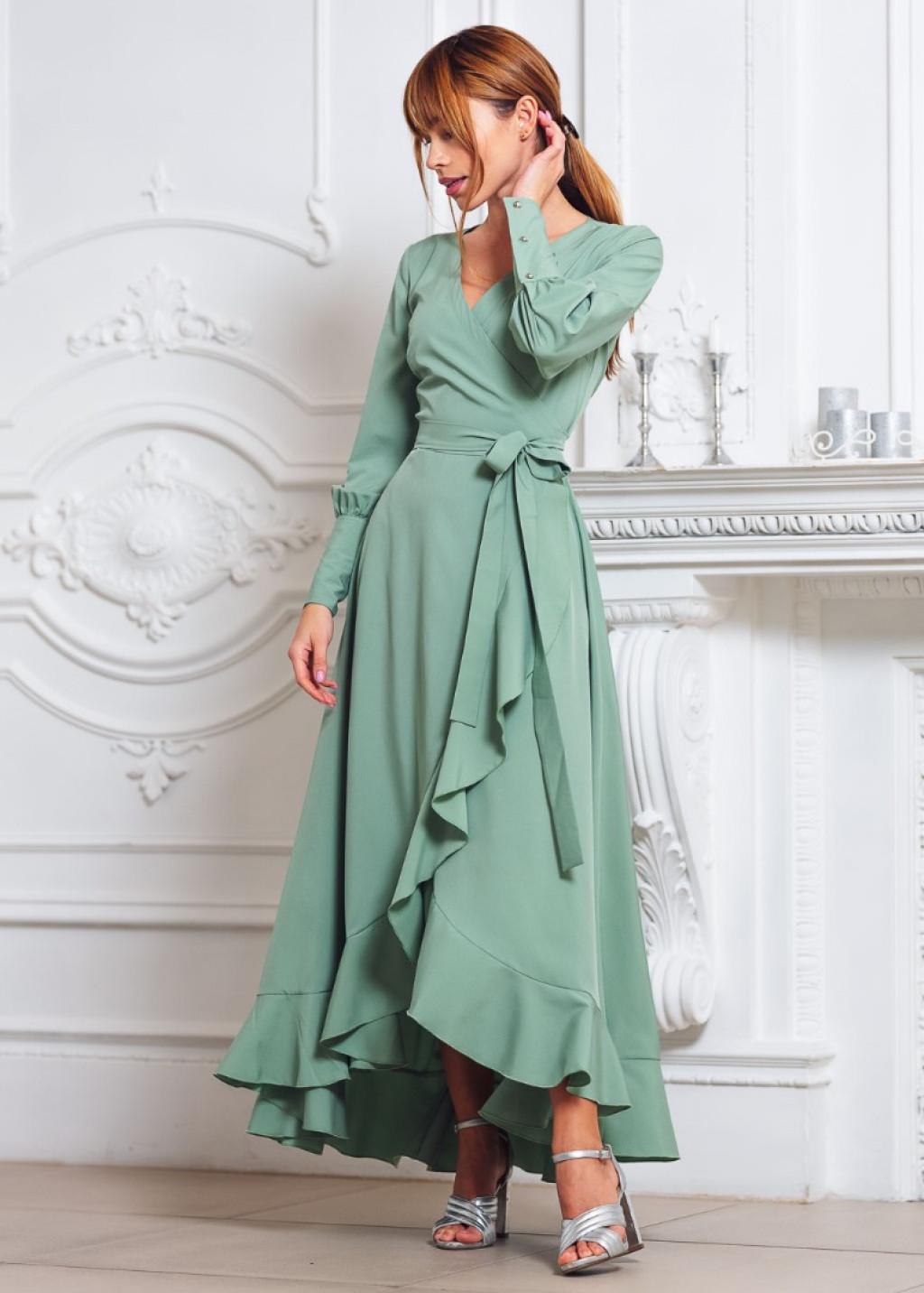 Sage green long wrap dress
