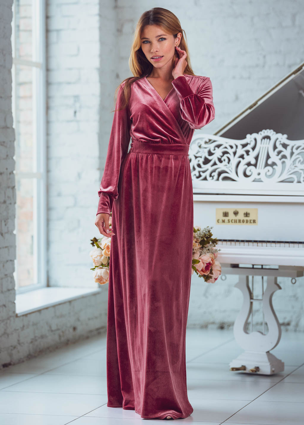 Dusty rose long wrap dress