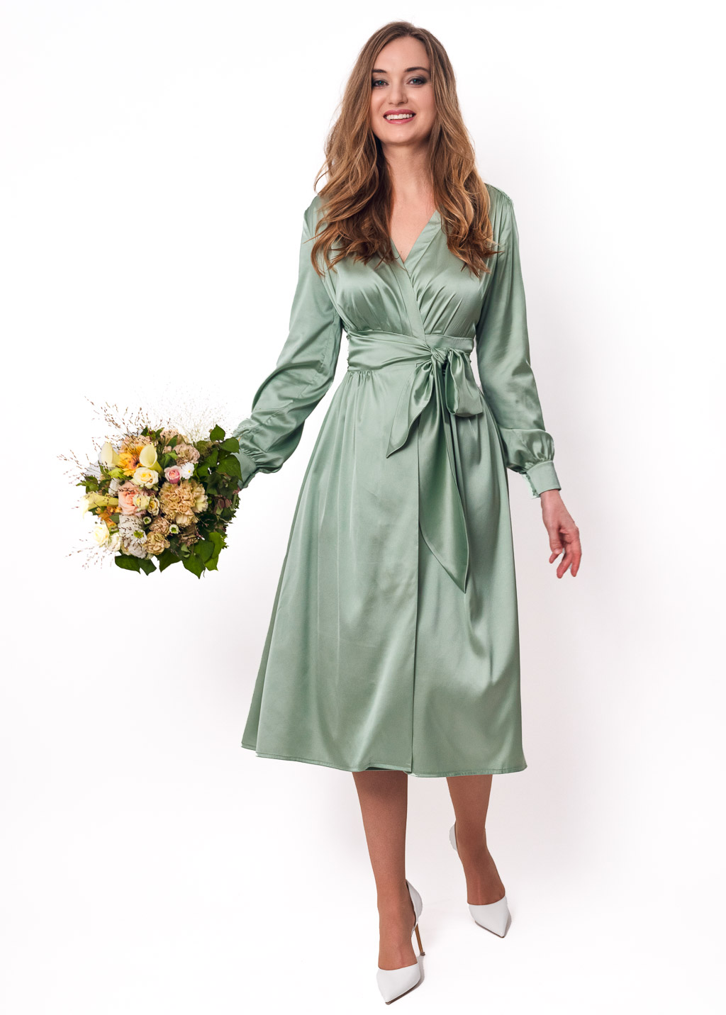 Sage green wrap silk dress