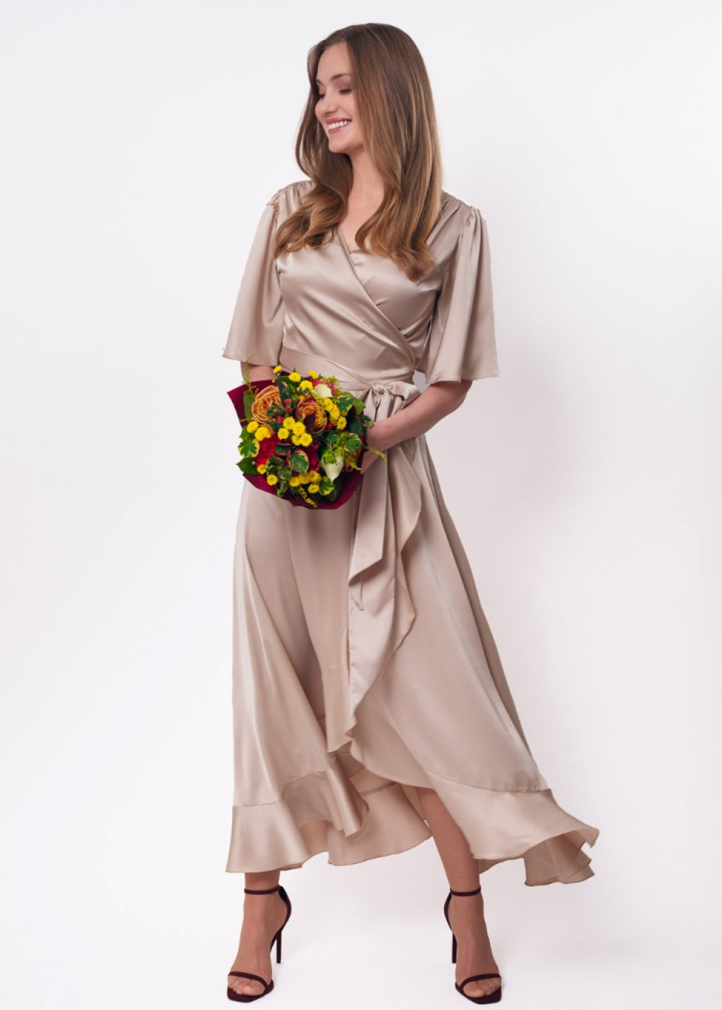 Champagne beige wrap silk dress