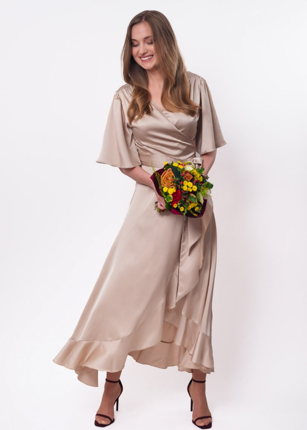 Champagne beige wrap silk dress