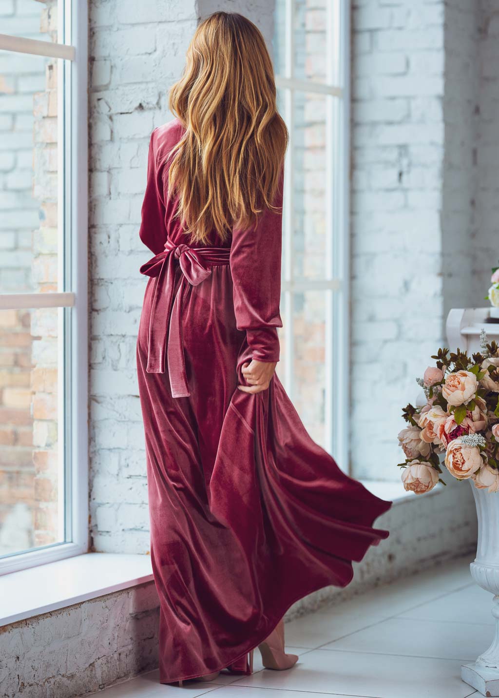 Dusty rose long wrap dress