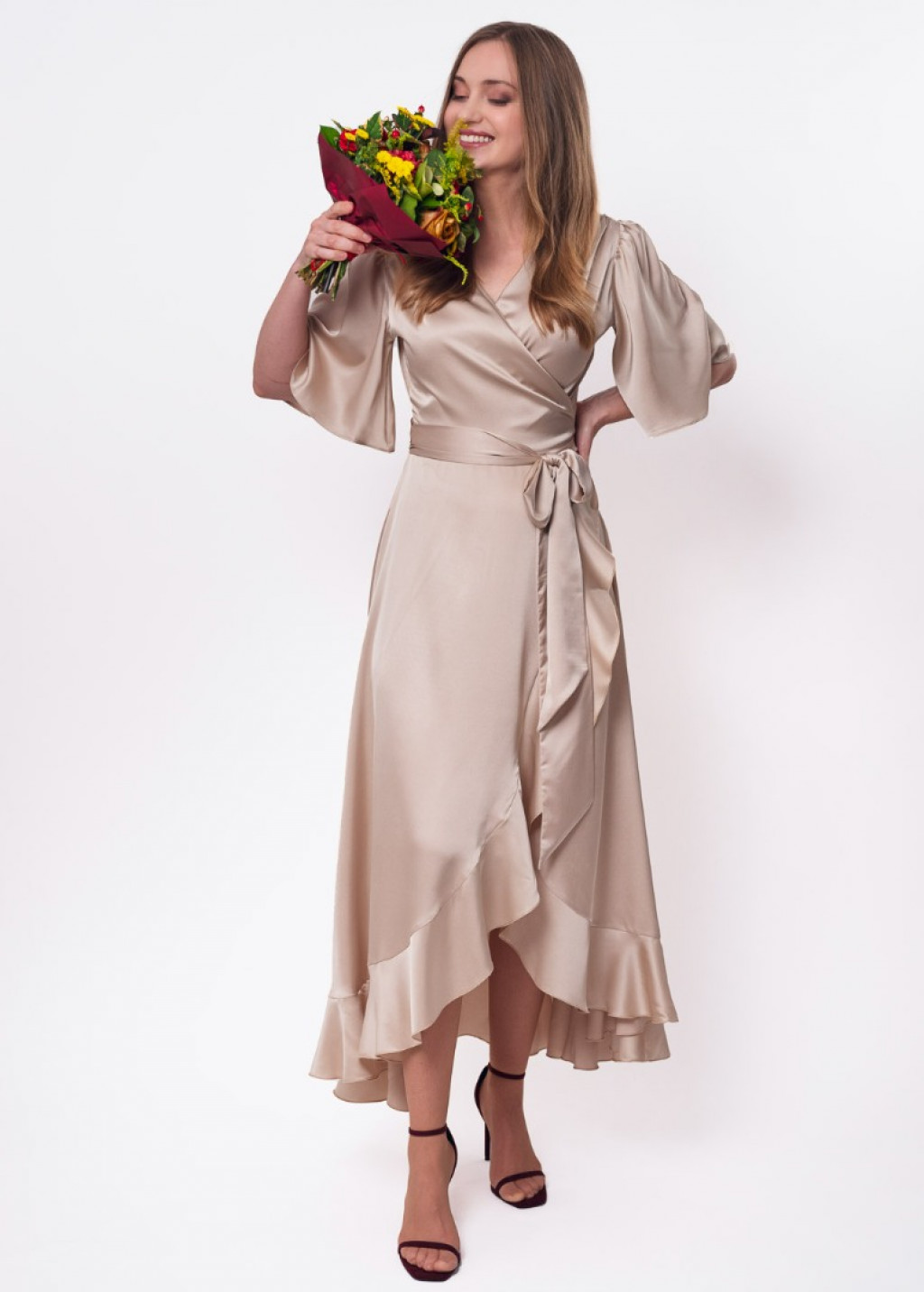 Champagne beige wrap silk dress