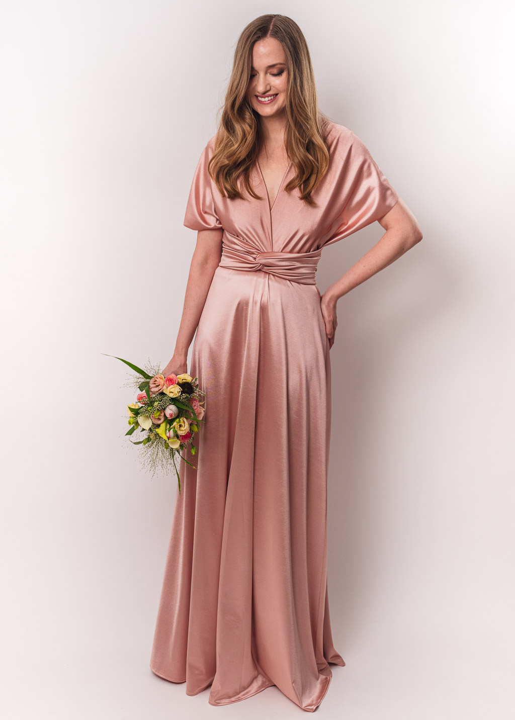 Blush pink luxury satin infinity dress or jumpsuit