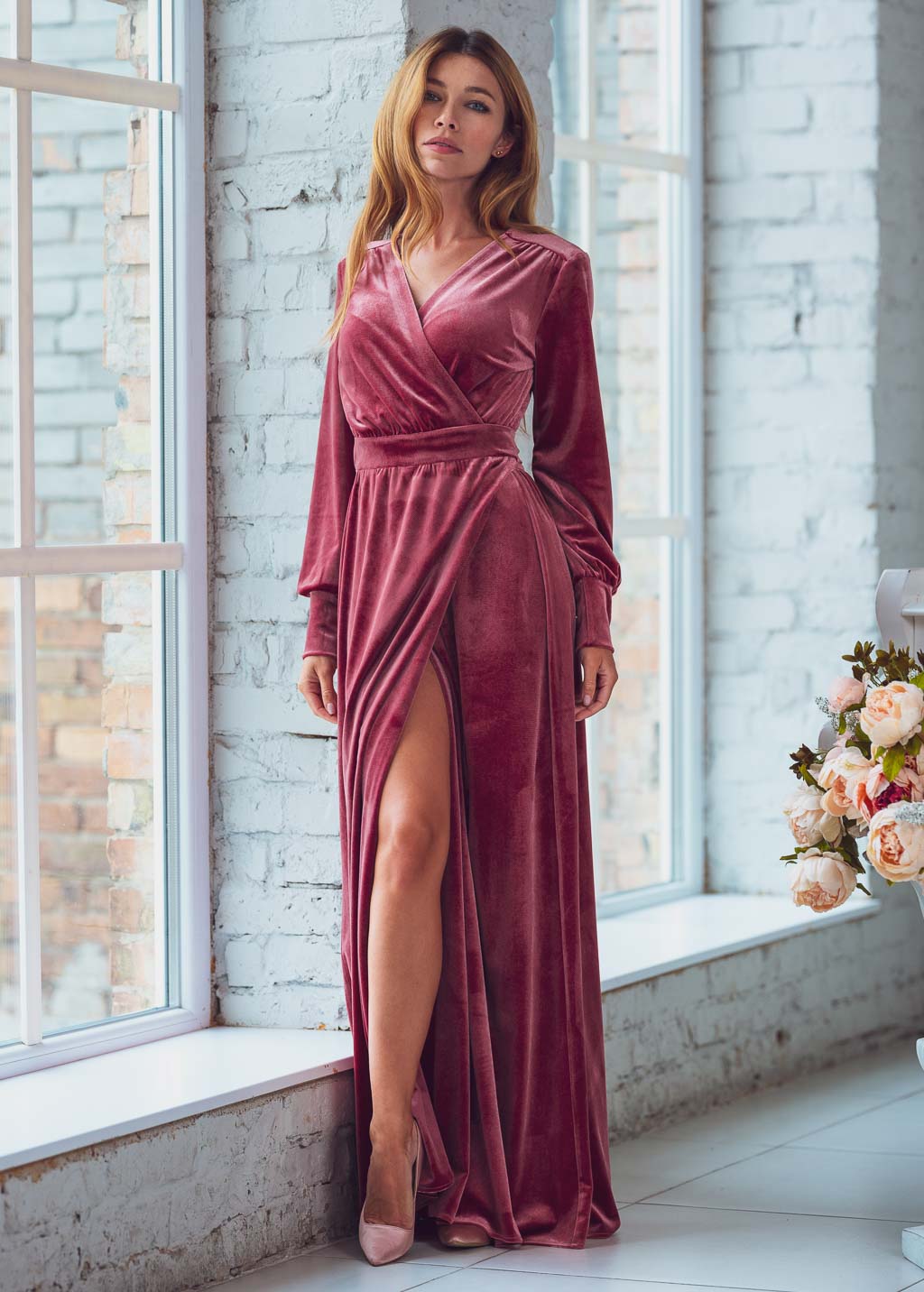 Dusty rose long wrap dress