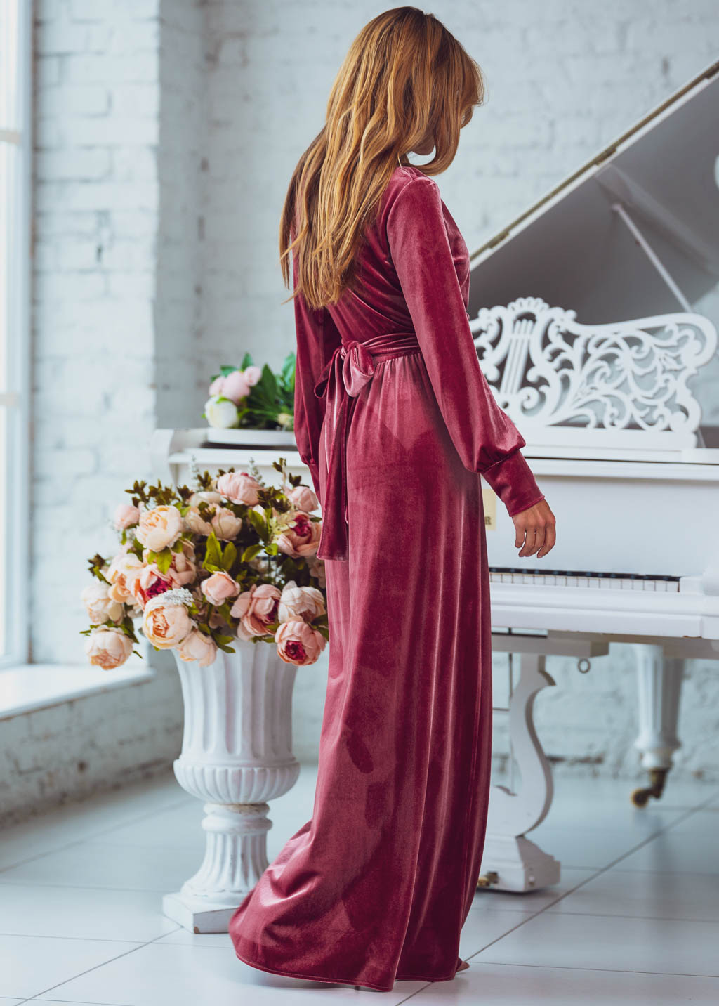 Dusty rose long wrap dress