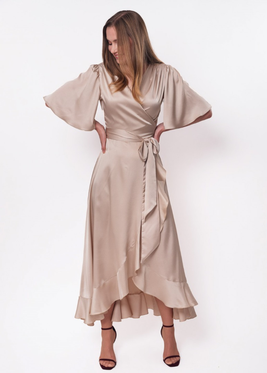 Champagne beige wrap silk dress