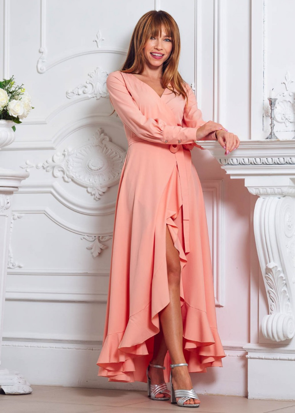 Blush pink long wrap dress