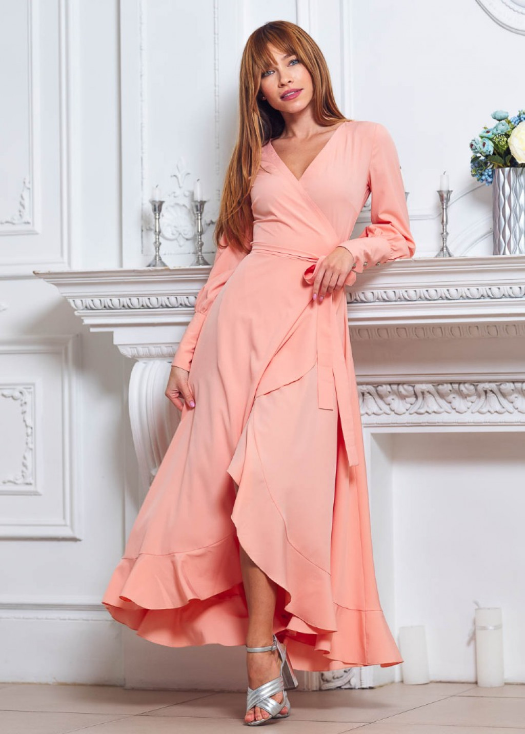 Blush pink long wrap dress
