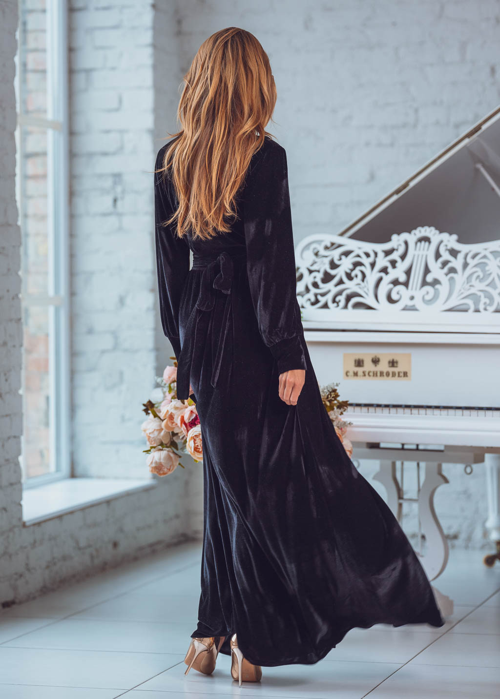 Black long wrap velvet robe