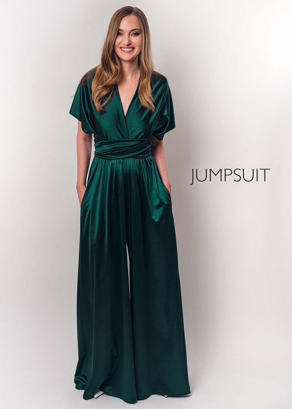 Dark green luxury satin infinity dress or jumpsuit