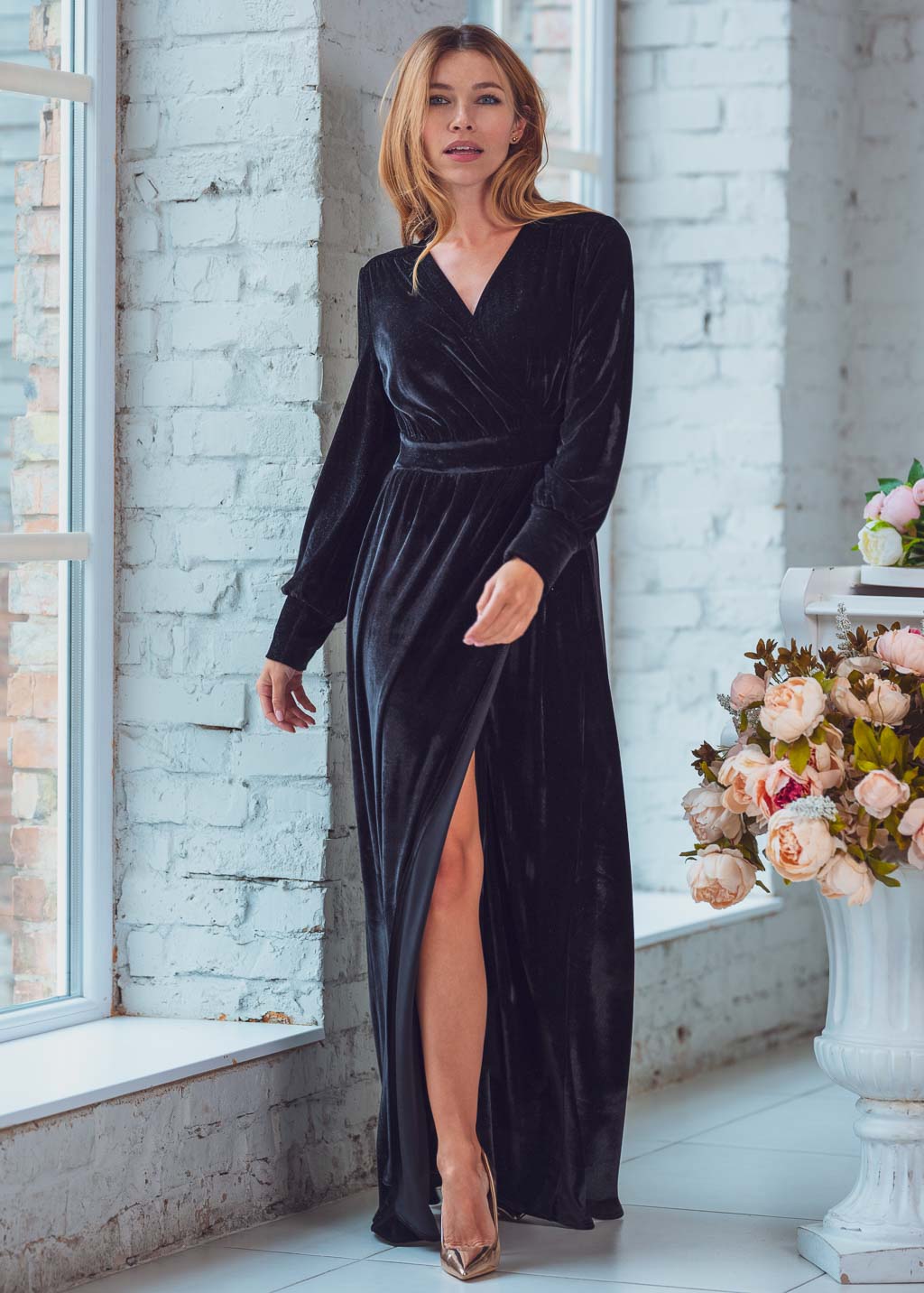 Black long wrap velvet robe