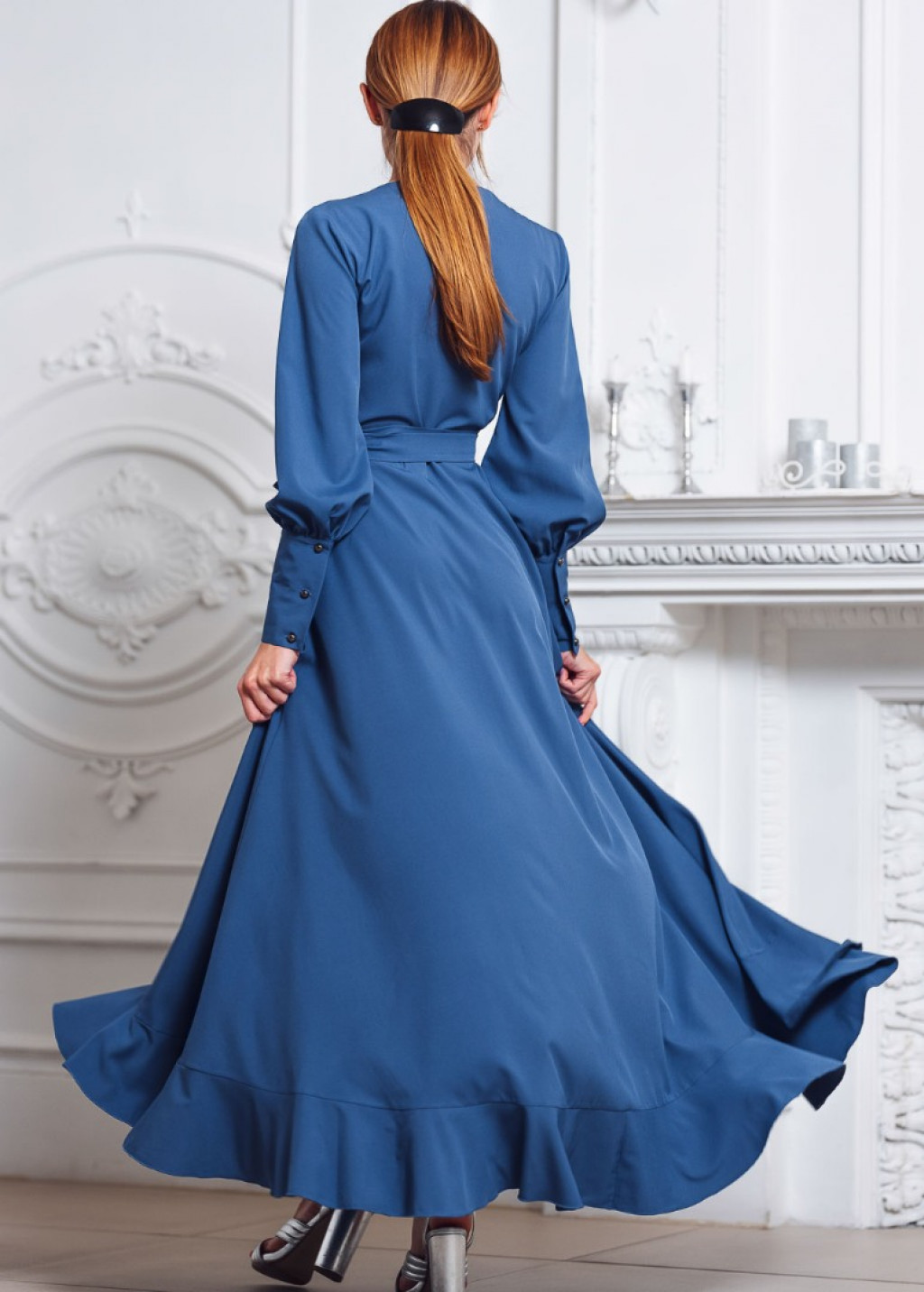 Indigo blue long wrap dress