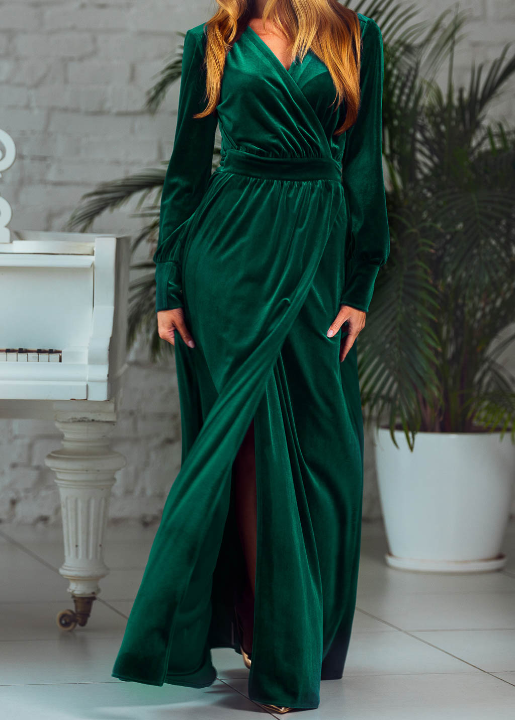 Emerald green long wrap robe