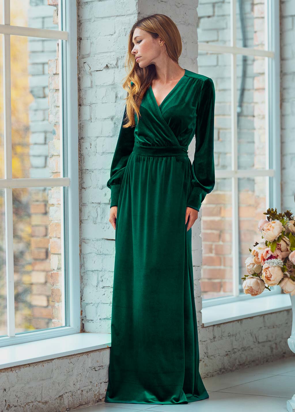 Emerald green long wrap dress