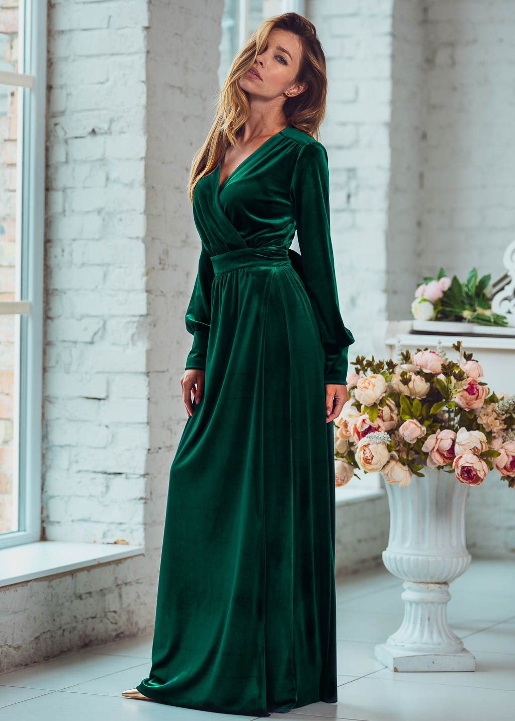 Emerald green long wrap dress