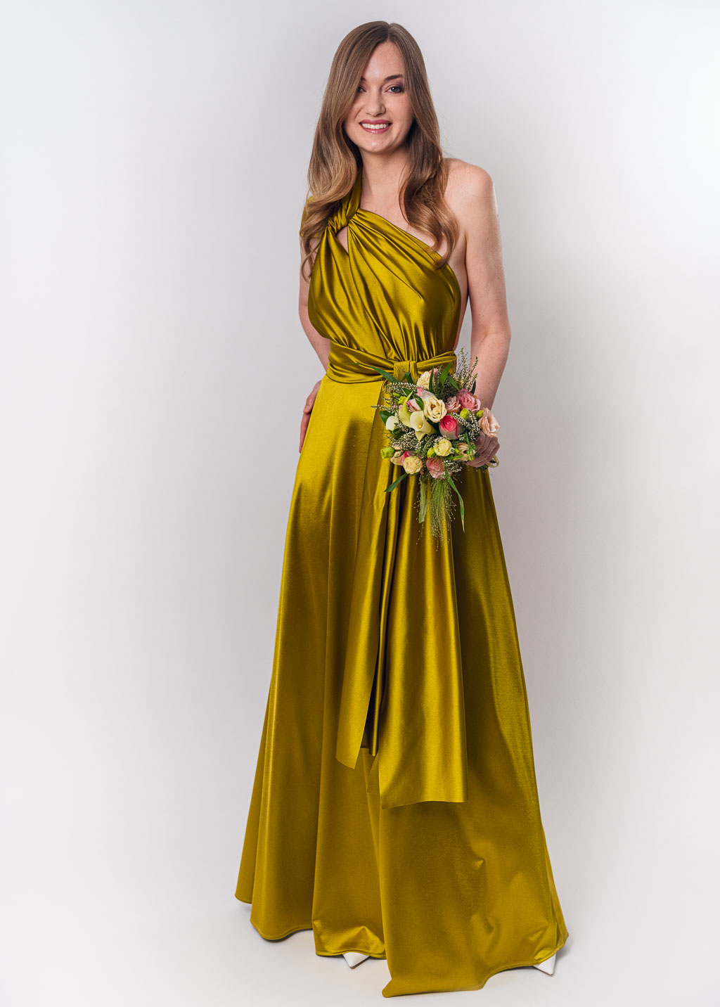 Olive green luxury satin infinity dress or jumpsuit