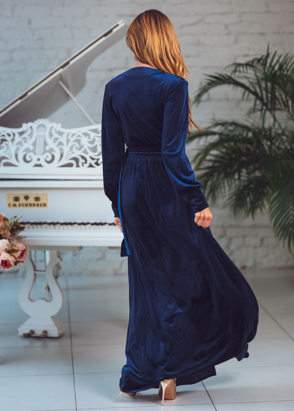 Navy blue long wrap velvet robe