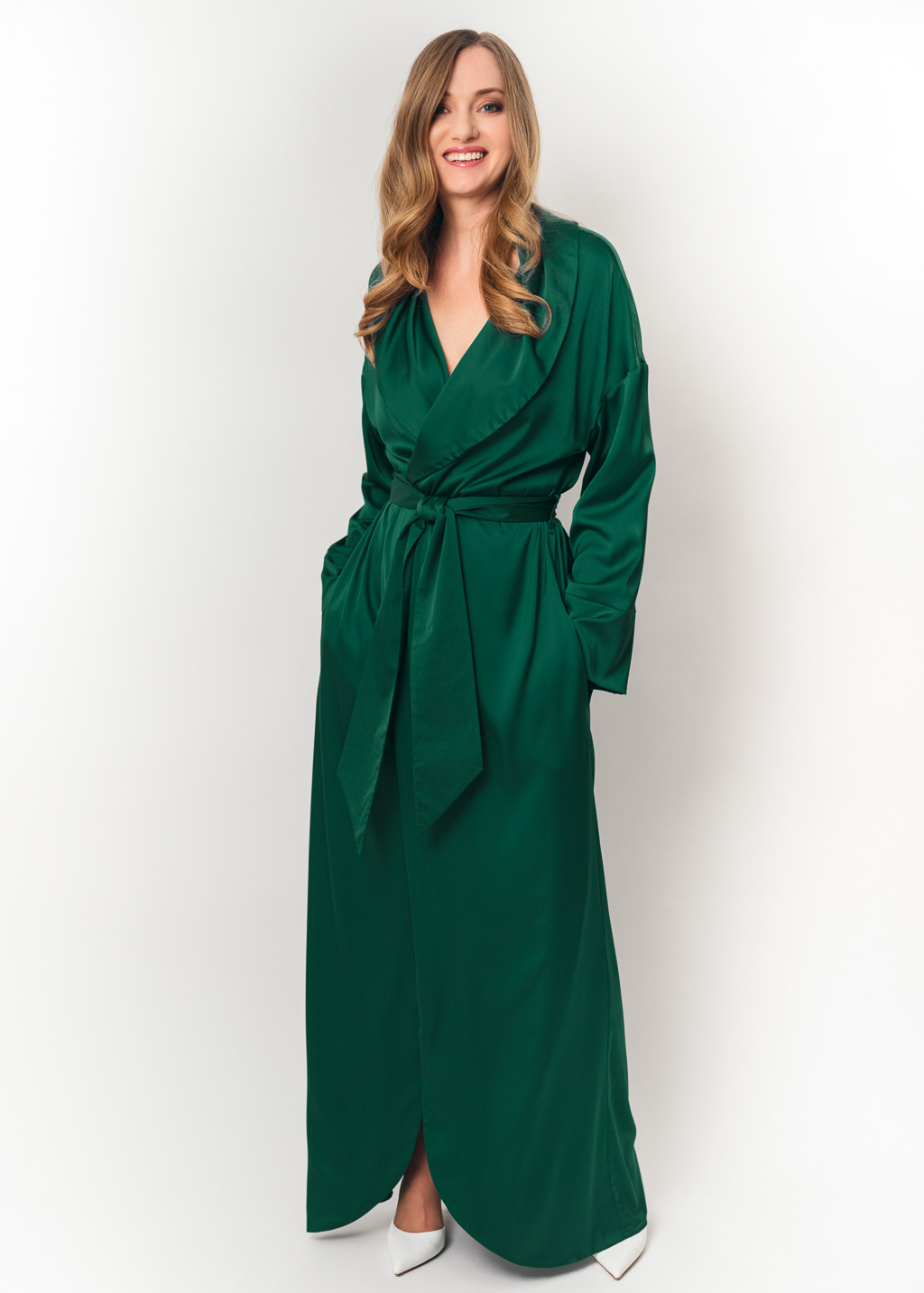 Emerald green long silk robe with pockets