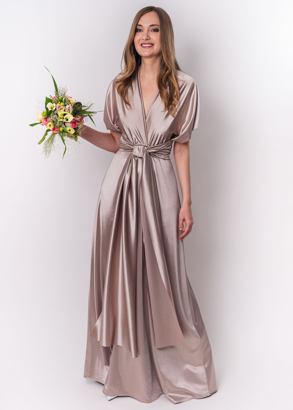 Champagne beige luxury satin infinity dress or jumpsuit