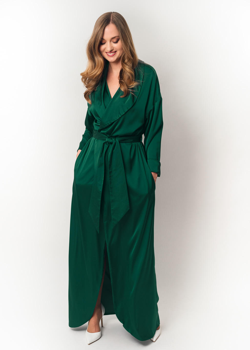 Emerald green long silk robe with pockets