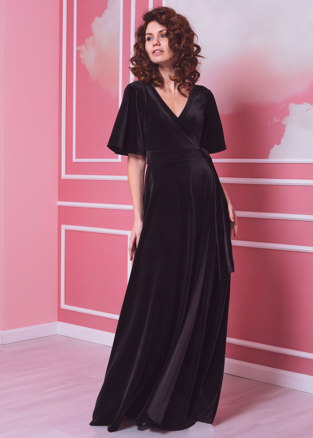 Black elegant long wrap dress