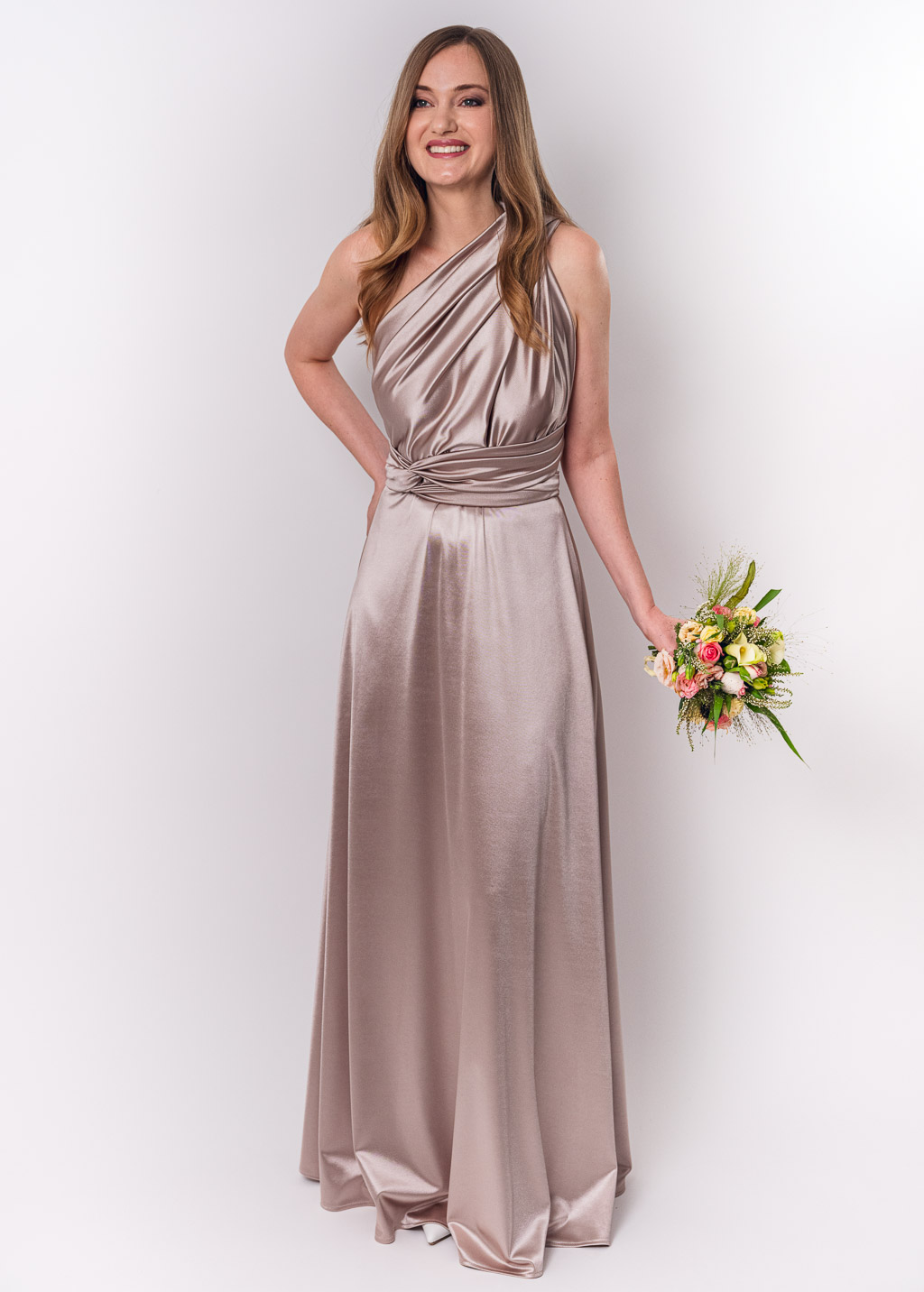 Champagne beige luxury satin infinity dress or jumpsuit