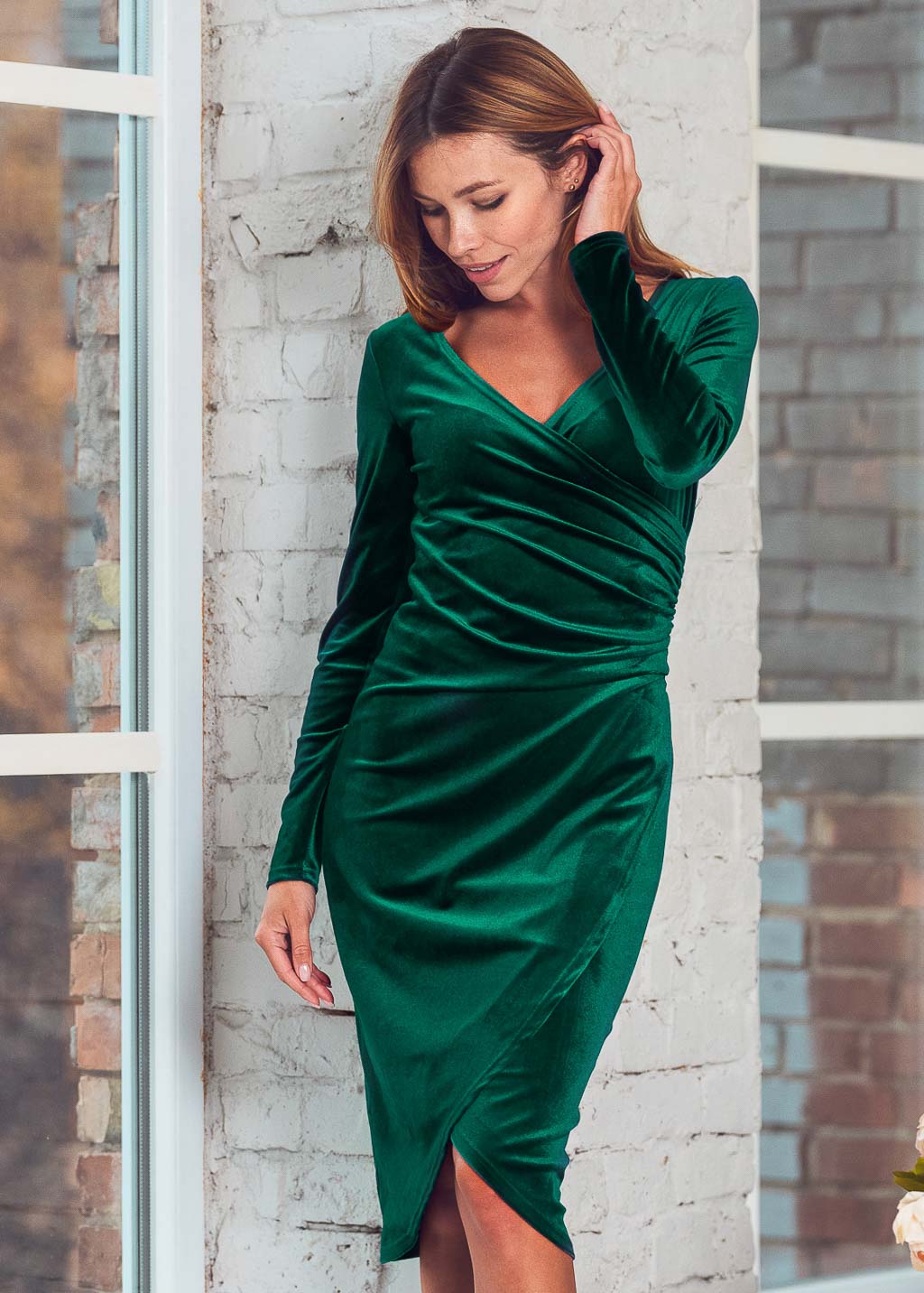 Emerald green wrap bodycon dress