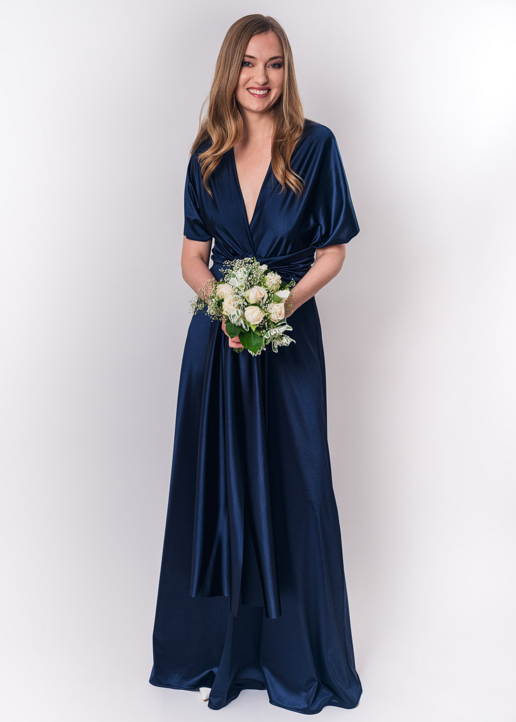 Navy blue luxury satin infinity dress or jumpsuit