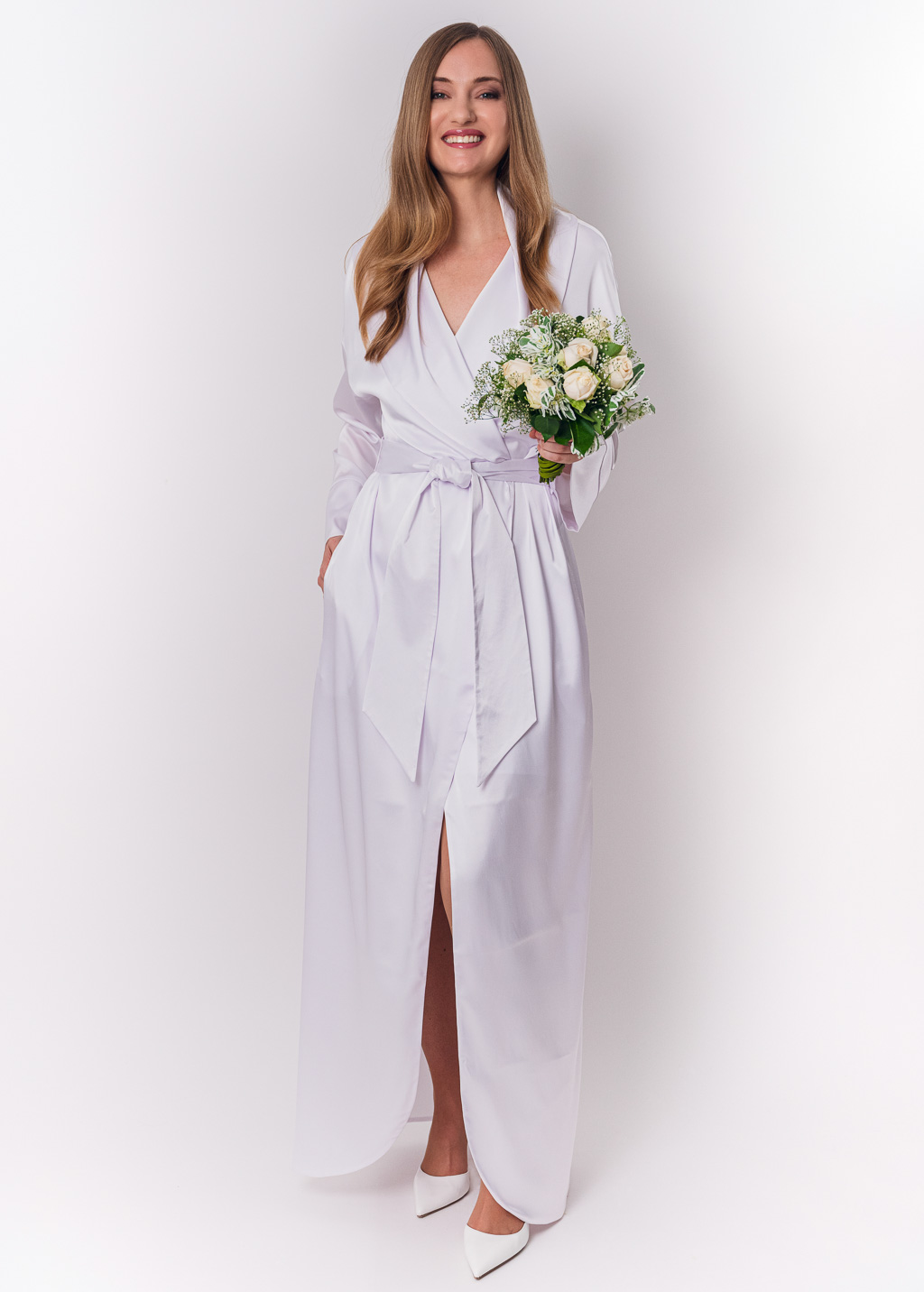 White long silk robe with pockets