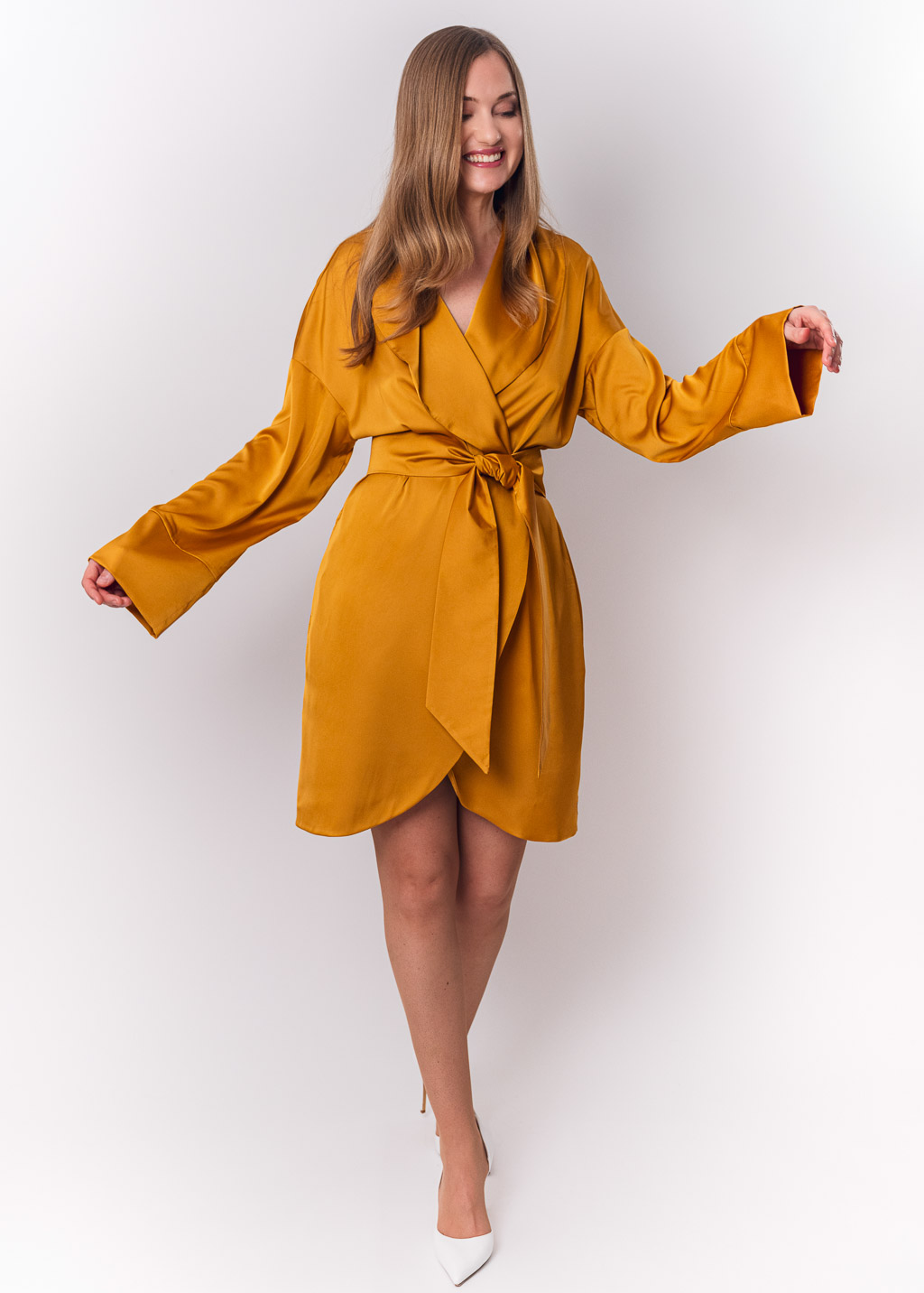 Gold silk robe with pockets