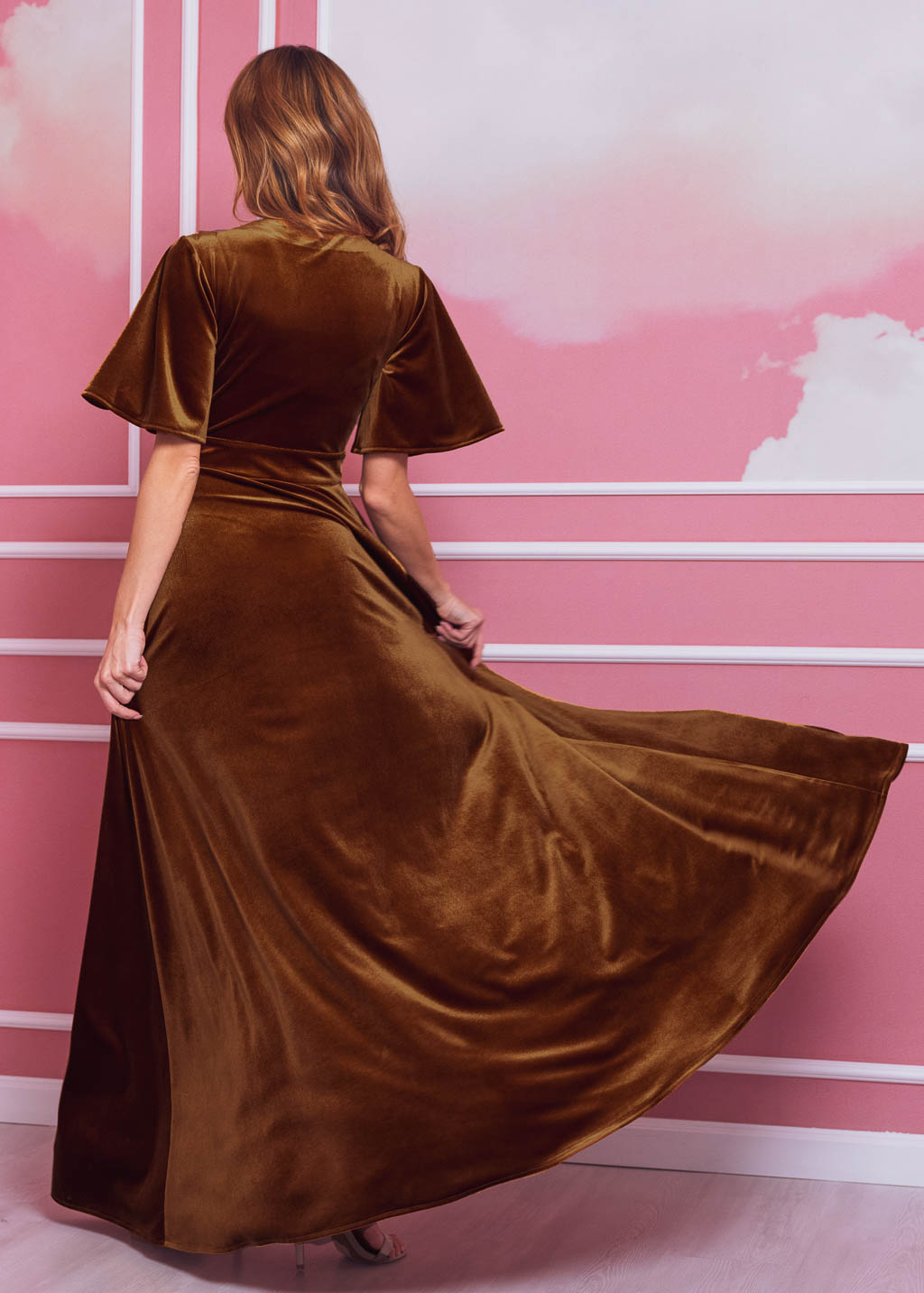 Rust gold elegant long wrap dress