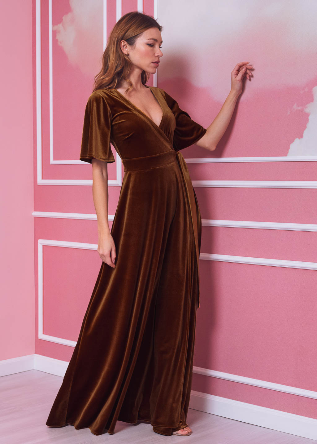 Rust gold elegant long wrap dress