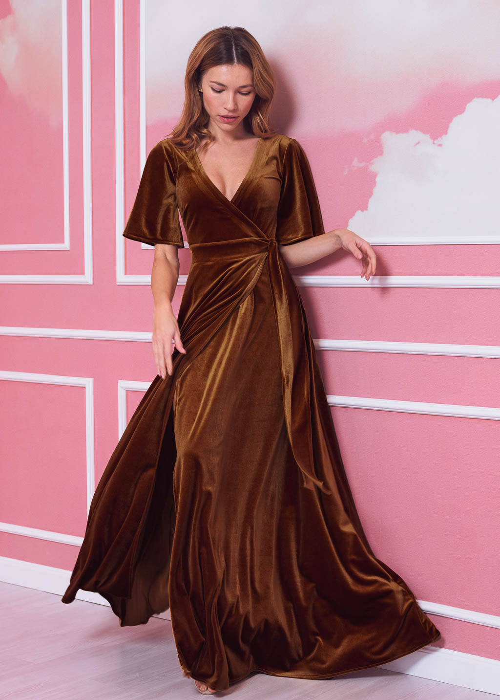 Rust gold elegant long wrap dress